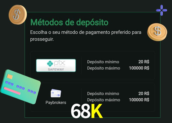 O cassino 68K oferece uma grande variedade de métodos de pagamento